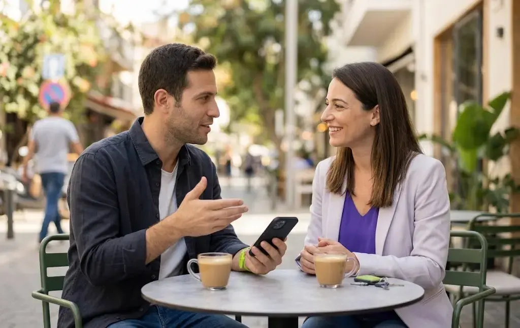 Двое собеседников беседуют за столиком кафе